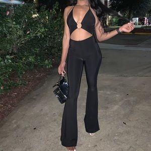 Black Plunge Ring Detail Flare Leg Jumpsuit